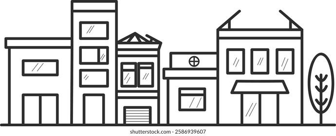 Black line icon of a town with small houses and a tree.