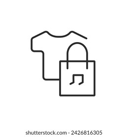  Black line icon of a T-shirt and a shopping bag with a musical note symbol. Media products. Vector illustration