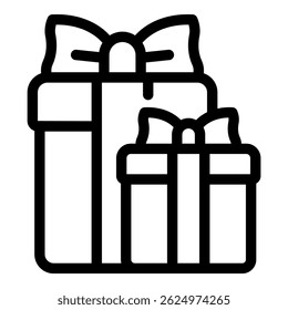 Black line icon of two gift boxes with decorative bows