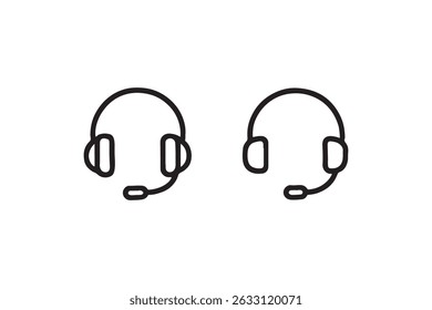 Icono de línea negra de dos auriculares idénticos con micrófonos sobre fondo blanco.