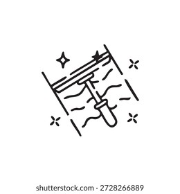 Icono de línea negra de un vidrio de limpieza de la escobilla de la ventana. Símbolo de contorno simple que representa la limpieza de ventanas, la higiene, las tareas domésticas, el mantenimiento y los servicios de limpieza. Aislado sobre fondo blanco.
