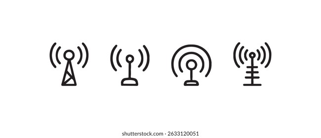 Black line icons of antennas and wireless signals.