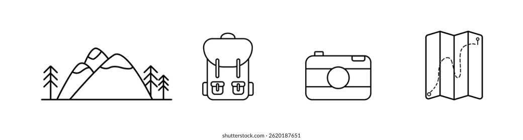 Black line icons of mountains, backpack, camera, and map, designed in minimalist style for hiking, exploration, and travel concepts.
