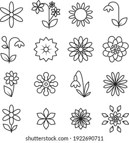 black line icons on a white background depicting different types of flowers