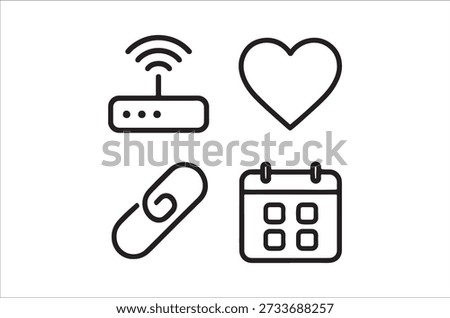 Black line icons represent wireless connection, a heart, a bandage, and a calendar.