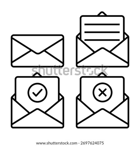 Black line icons show different mail notification states sent with text, received, approved with checkmark, and denied with x symbol with white background.