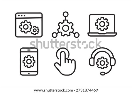 Black line icons showcase tech devices, gears, and connection concepts for system functionality.