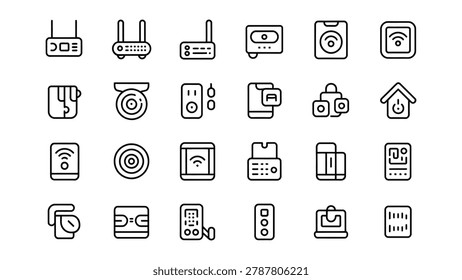 Black line icons of various technology devices and internet symbols arranged in rows