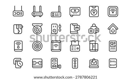 Black line icons of various technology devices and internet symbols arranged in rows