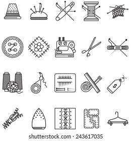 Black line icons vector collection for sewing or handmade. Set of black line design vector  icons for sewing tools or items for handmade on white background.