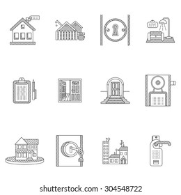 Black line icons vector collection for rent of residential property elements. House, key, agreement and rent documents, home interior and others for business or website