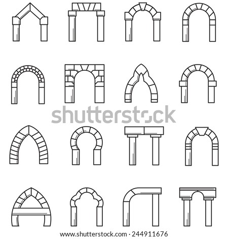 Black line icons vector collection of arches. Set of black line vector icons for different styles brick arches on white background.