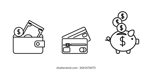 Black line icons of wallet with cash, credit cards, and piggy bank with coins, symbolizing money, finance, banking, savings, and personal budget management, isolated on white background.