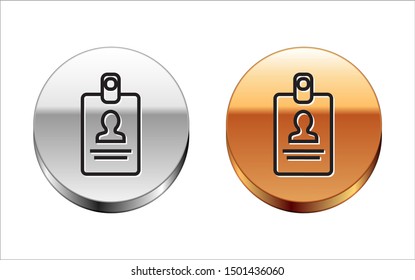 Black line Identification badge icon isolated on white background. It can be used for presentation, identity of the company, advertising. Silver-gold circle button. Vector Illustration