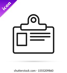 Black line Identification badge icon isolated on white background. It can be used for presentation, identity of the company, advertising.  Vector Illustration