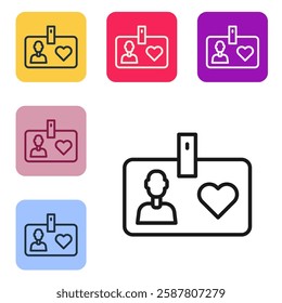 Black line Identification card volunteer icon isolated on white background. Volunteer id card or badge. Set icons in color square buttons. Vector