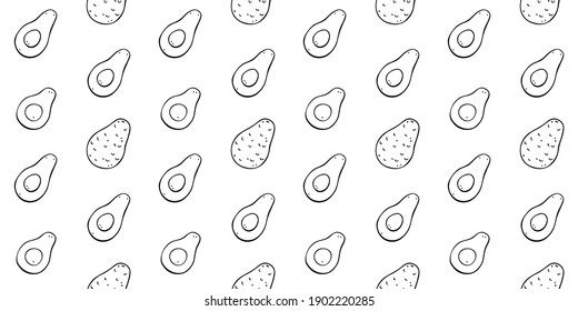 Black line illustration of avocado fruit seamless pattern. Whole fruit and half diagonally. Simple cute doodle style. Isolated objects on a white background.
