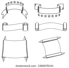 Black line illustration of banners and scrolls