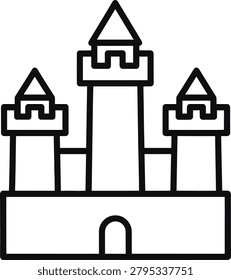 Black line illustration of a castle featuring three turrets and an arched entrance