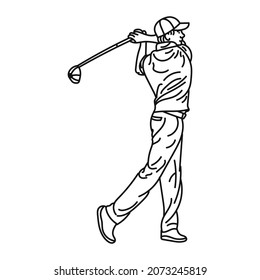 Black Line Illustration A Caucasian Male Golfer Playing Golf