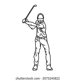 Black Line Illustration A Caucasian Male Golfer Playing Golf