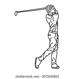 Black Line Illustration A Caucasian Male Golfer Playing Golf