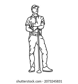 Black Line Illustration A Caucasian Male Golfer Playing Golf