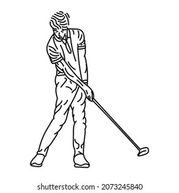 Black Line Illustration A Caucasian Male Golfer Playing Golf