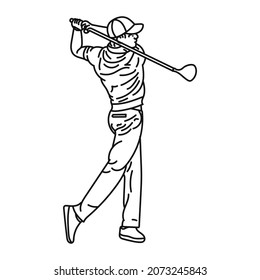 Black Line Illustration A Caucasian Male Golfer Playing Golf