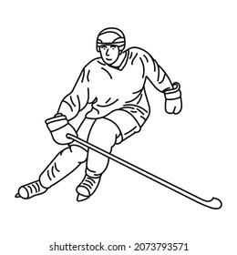 black line illustration Young hockey player with stick on ice field Athlete wearing equipment and helmet practicing. Sports concept, healthy lifestyle, motion, movement, action.