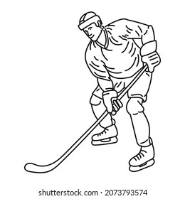 black line illustration Young hockey player with stick on ice field Athlete wearing equipment and helmet practicing. Sports concept, healthy lifestyle, motion, movement, action.