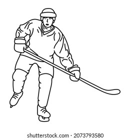 black line illustration Young hockey player with stick on ice field Athlete wearing equipment and helmet practicing. Sports concept, healthy lifestyle, motion, movement, action.