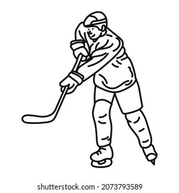 black line illustration Young hockey player with stick on ice field Athlete wearing equipment and helmet practicing. Sports concept, healthy lifestyle, motion, movement, action.
