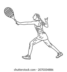 black line illustration of young woman playing tennis