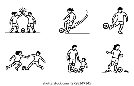 Ilustraciones de línea negra de personas jugando al fútbol en varias acciones