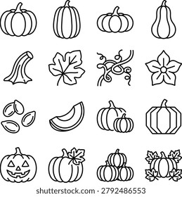 Black line illustrations of various pumpkin and squash icons with leaves