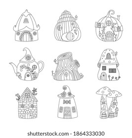 Black line image of fairy tale gnome houses set of cartoon vector illustrations isolated on white background. Children coloring page template with fancy gnome houses.