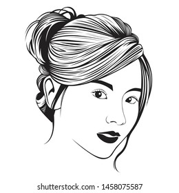 The black line image of a woman's face With beautiful hairstyles under the logo design concept of beauty salon And other graphic designs