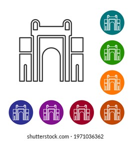Black line India Gate in New Delhi, India icon isolated on white background. Gate way of India Mumbai. Set icons in color circle buttons. Vector