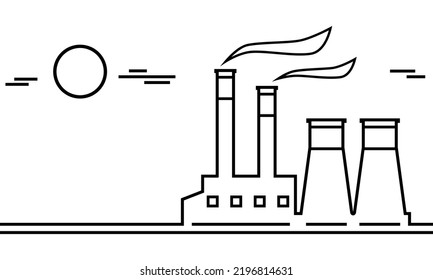 Black Line Industrial Factory Or Power Plant (powerhouse) With Smoke And Sun Clouds Environmentally Friendly On White Background Outline Icon Flat Vector Design.