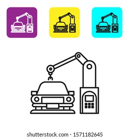 Black line Industrial machine robotic robot arm hand on car factory icon on white background. Industrial automation production automobile. Set icons colorful square buttons. Vector Illustration