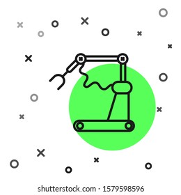 Black line Industrial machine robotic robot arm hand factory icon isolated on white background. Industrial robot manipulator.  Vector Illustration