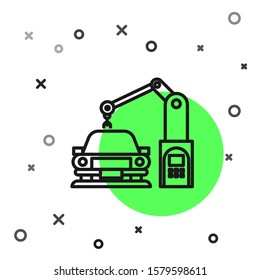 Black line Industrial machine robotic robot arm hand on car factory icon isolated on white background. Industrial automation production automobile.  Vector Illustration