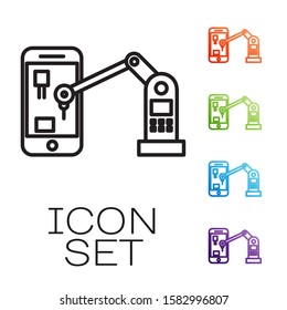 Black line Industrial machine robotic robot arm hand on mobile phone factory icon isolated on white background. Industrial robot manipulator. Set icons colorful. Vector Illustration