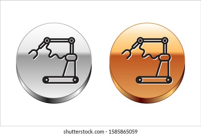 Black line Industrial machine robotic robot arm hand factory icon isolated on white background. Industrial robot manipulator. Silver-gold circle button. Vector Illustration