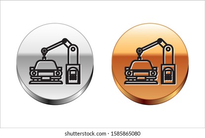 Black line Industrial machine robotic robot arm hand on car factory icon isolated on white background. Industrial automation production automobile. Silver-gold circle button. Vector Illustration