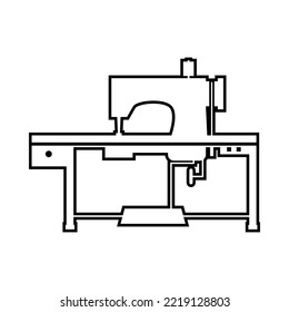 Black line industrial sewing machine for sew fabric cloth on white background outline icon flat vector design.