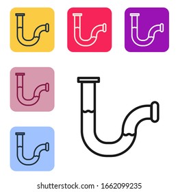 Icono de tubo metálico de la industria de línea negra aislado en fondo blanco. Piezas de tubería de fontanería de diferentes formas. Establecer iconos en botones cuadrados de color. Ilustración vectorial