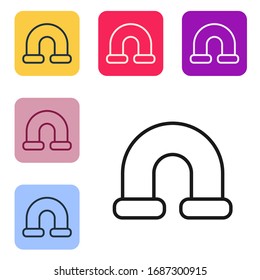 Black line Industry metallic pipe icon isolated on white background. Plumbing pipeline parts of different shapes. Set icons in color square buttons. Vector Illustration