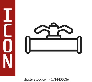 Black line Industry metallic pipe and valve icon isolated on white background.  Vector Illustration